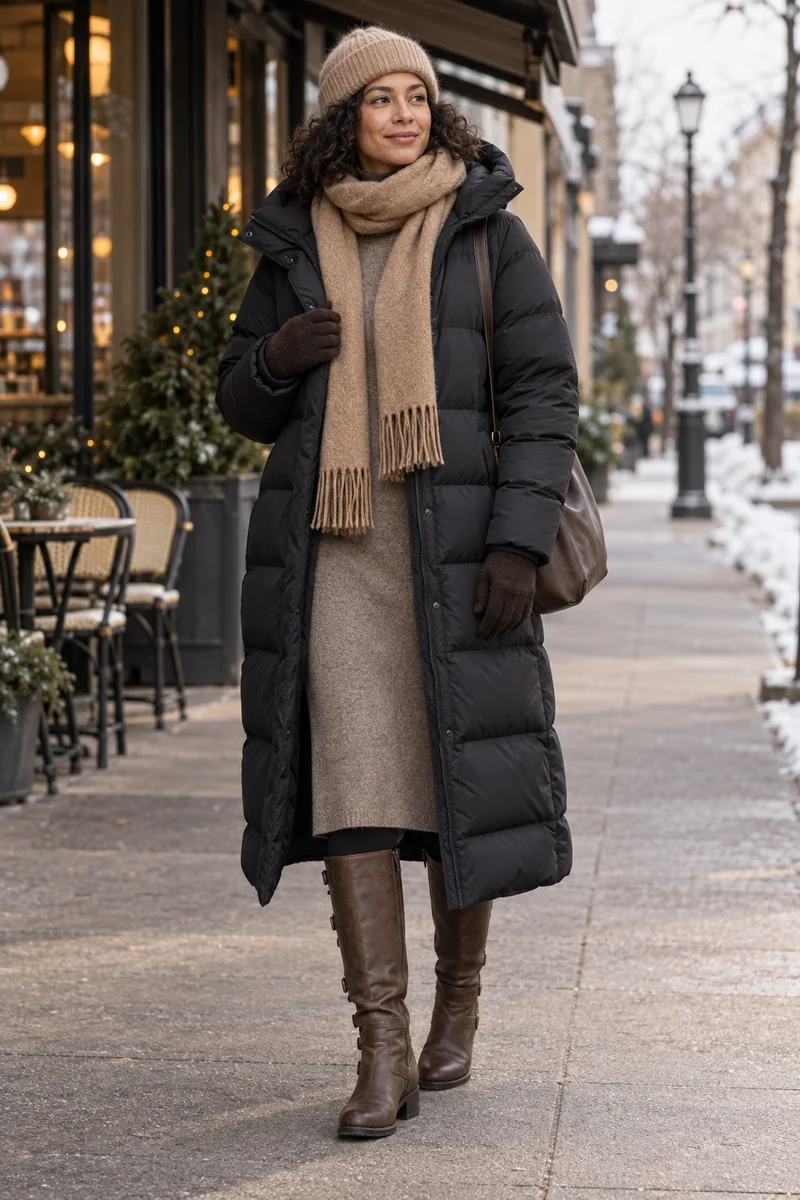 Taupe-Strickkleid unter langem Puffer: schwarzer langer Steppmantel, taupefarbenes Strickkleid, blickdichte schwarze Strumpfhose, braune hohe Stiefel mit drei Schnallen, dunkelbraune Schultertasche, Camel-Mütze und Schal, braune Handschuhe. KI-Styling-Inspiration, keine Produktaufnahme.