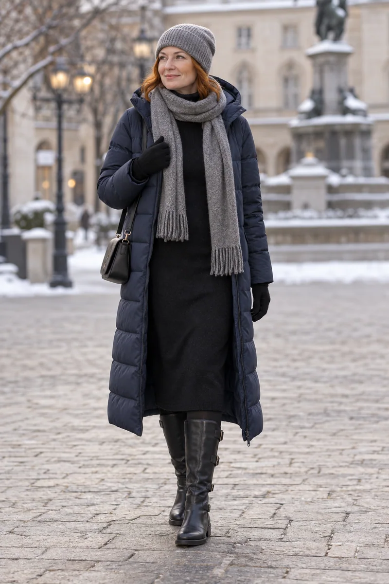 Schwarzes Strickkleid mit Navy-Stepp: Navy-Steppmantel, schwarzes schmales Rollkragen-Strickkleid, blickdichte schwarze Strumpfhose, schwarze hohe Stiefel mit drei Schnallen, schwarze Schultertasche, graue Mütze und Schal, schwarze Handschuhe. KI-Styling-Inspiration, keine Produktaufnahme.