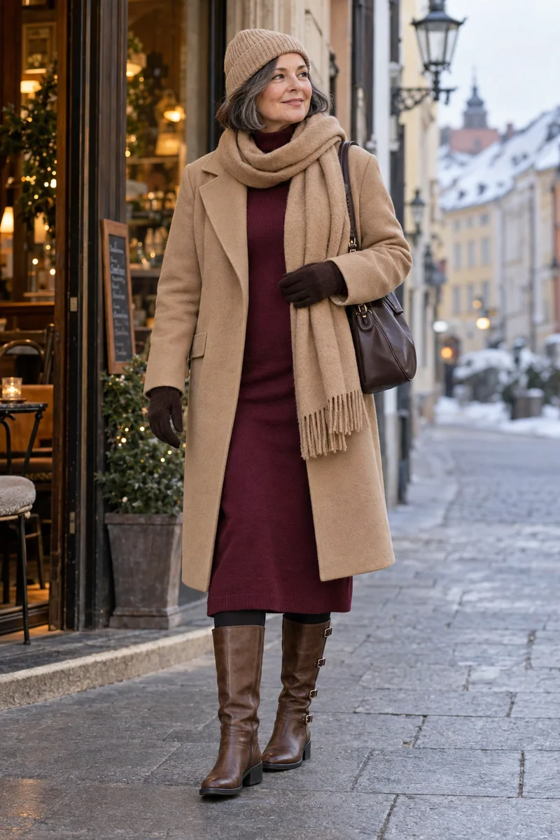 Bordeauxkleid und Camel für den Tag: knielanger Camel-Mantel, Bordeaux-Rollkragen-Strickkleid, blickdichte schwarze Strumpfhose, mittelbraune hohe Stiefel mit drei Schnallen, dunkelbraune Tasche, Camel-Mütze und Schal, braune Handschuhe. KI-Styling-Inspiration, keine Produktaufnahme.