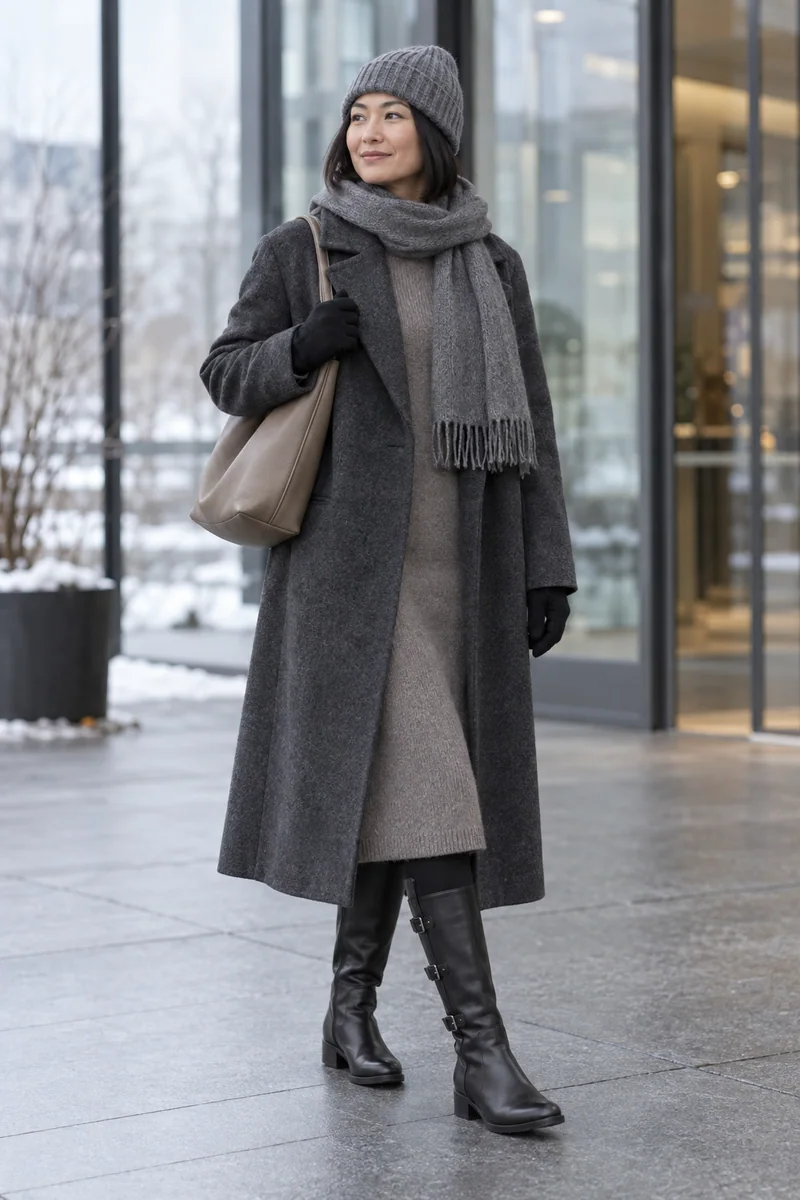 Taupe unter einem grauen Wollmantel: langer dunkelgrauer Mantel, taupefarbenes Strickkleid, blickdichte schwarze Strumpfhose, schwarze hohe Stiefel mit drei Schnallen, taupefarbene Tasche, graue Mütze und Schal, schwarze Handschuhe. KI-Styling-Inspiration, keine Produktaufnahme.