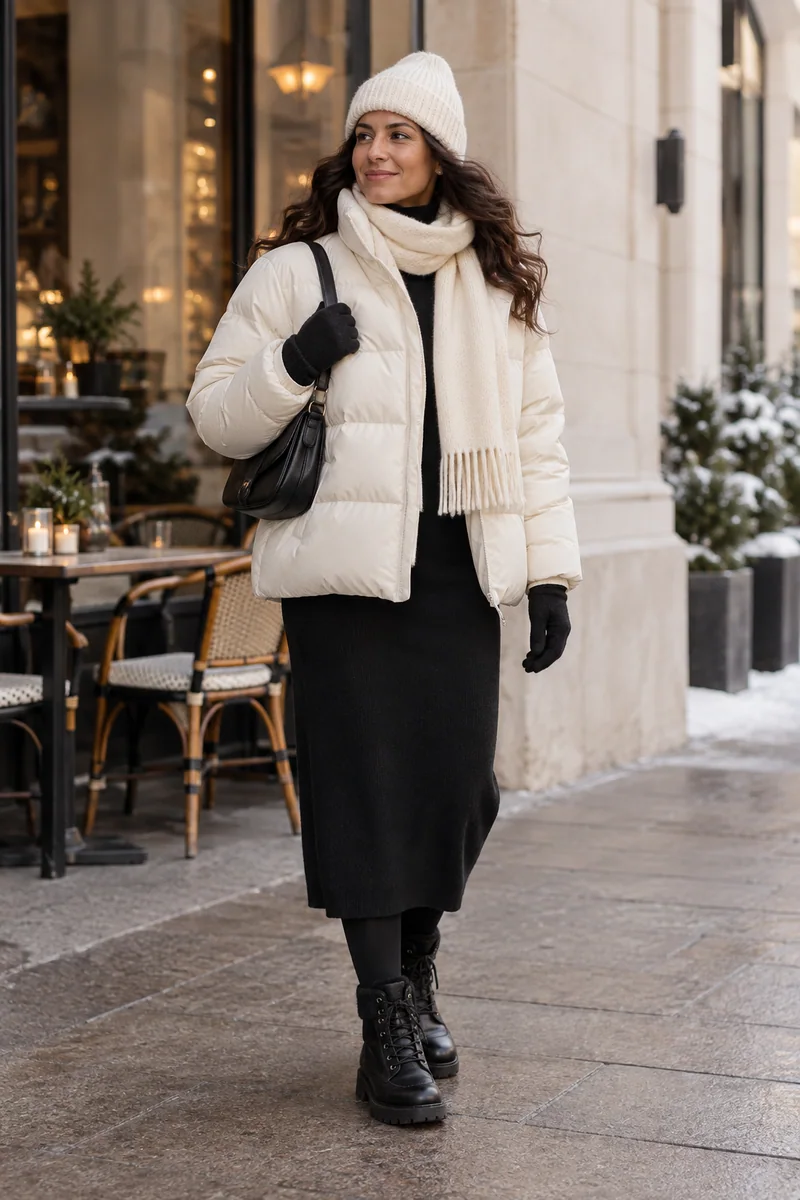 Schwarzes Kleid mit cremefarbenem Puffer: kurze cremefarbene Steppjacke ohne Kapuze, schwarzes schmales Strickkleid, blickdichte schwarze Strumpfhose, schwarze Schnürboots, schwarze Tasche, cremefarbene Mütze und Schal, schwarze Handschuhe. KI-Styling-Inspiration, keine Produktaufnahme.