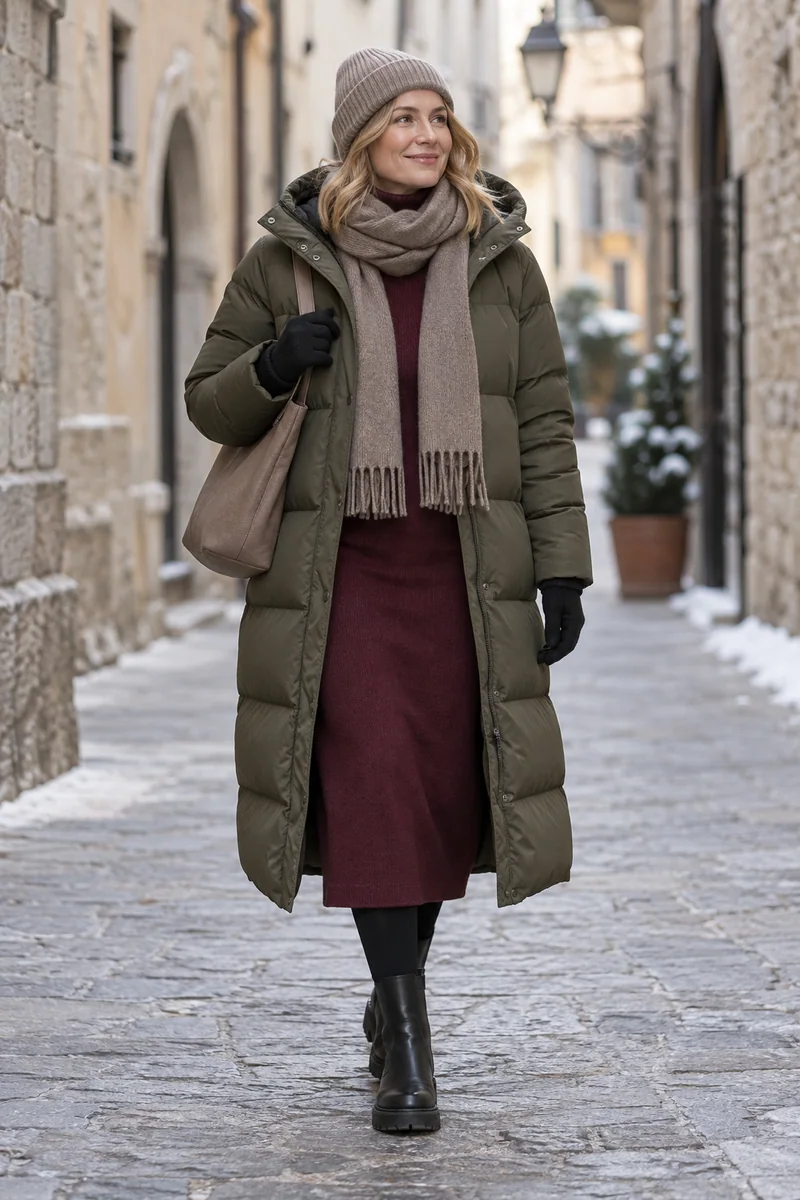 Bordeaux-Strickkleid im olivfarbenen Puffer: langer olivfarbener Steppmantel, Bordeaux-Strickkleid, blickdichte schwarze Strumpfhose, schwarze Chelsea-Boots, taupefarbene Tasche, taupefarbene Mütze und Schal, schwarze Handschuhe. KI-Styling-Inspiration, keine Produktaufnahme.