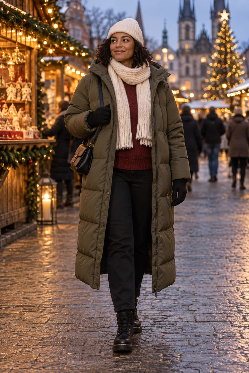 Oliv-Puffer mit Bordeauxstrick: Olivfarbener langer Puffer, Bordeauxfarbener Strick, Schwarze Jeans, Schwarze Schnürboots, Schwarze Schultertasche, Cremefarbene Mütze und Schal, Schwarze Handschuhe. KI-Styling-Inspiration, keine Produktaufnahme.
