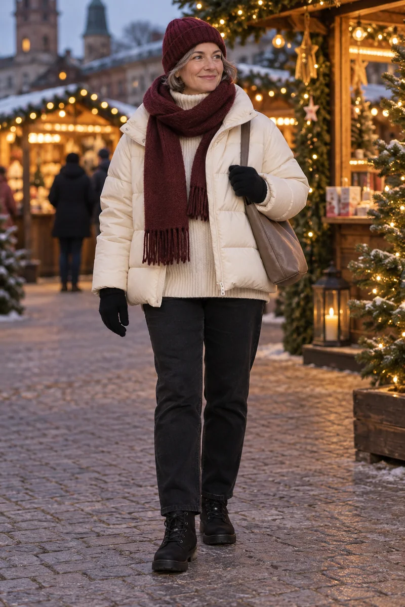 Heller Puffer mit schwarzen Boots: Kurzer cremefarbener Puffer, Cremefarbener Rollkragen, Schwarze Jeans, Schwarze Schnürboots, Taupefarbene Tasche, Bordeauxfarbene Mütze und Schal, Schwarze Handschuhe. KI-Styling-Inspiration, keine Produktaufnahme.