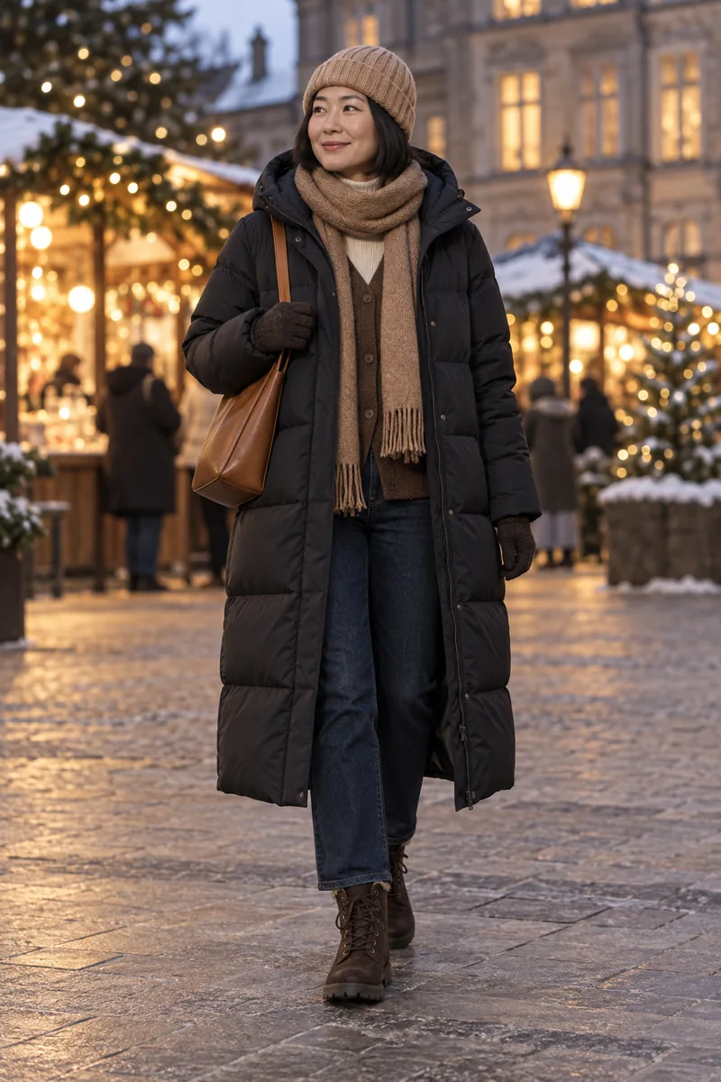 Schwarzer Puffer und brauner Cardigan: Schwarzer langer Puffer, Brauner V-Cardigan, Cremefarbene Unterlage, Dunkelblaue Jeans, Braune Schnürboots, Cognacfarbene Tasche, Camel-Mütze und Schal, Braune Handschuhe. KI-Styling-Inspiration, keine Produktaufnahme.
