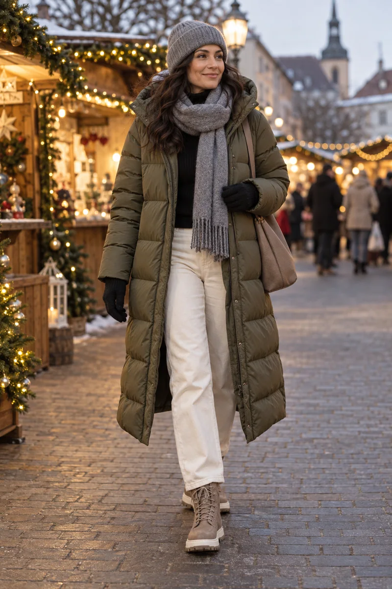 Oliv und Ecru im Winterlicht: Olivfarbener langer Puffer, Schwarzer Rollkragen, Ecrufarbene Hose, Taupefarbene Boots mit heller Sohle, Taupefarbene Tasche, Graue Mütze und Schal, Schwarze Handschuhe. KI-Styling-Inspiration, keine Produktaufnahme.