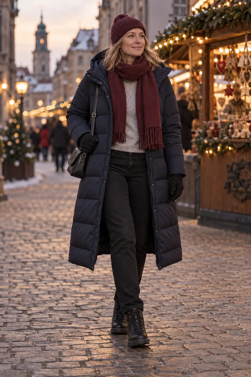 Navy-Puffer mit bordeauxfarbenem Zubehör: Navy-Puffer, Graue Rundhalslage, Schwarze Jeans, Schwarze Schnürboots, Schwarze Tasche, Bordeauxfarbene Mütze und Schal, Schwarze Handschuhe. KI-Styling-Inspiration, keine Produktaufnahme.