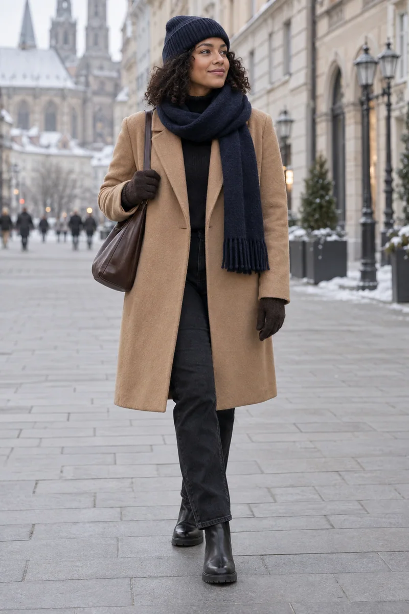 Camel über Schwarz: Camel-Mantel, schwarzer Rollkragen, schwarze Jeans, schwarze Chelsea-Boots, dunkelbraune Tasche, Navy-Mütze und Schal, braune Handschuhe. KI-Styling-Inspiration, keine Produktaufnahme.