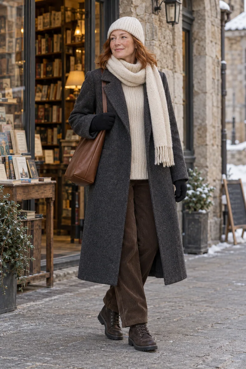 Grauer Mantel mit heller Cord-Basis: langer dunkelgrauer Mantel, cremefarbener Rollkragen, braune Cordhose, braune Schnürboots, Cognac-Tasche, cremefarbene Mütze und Schal, schwarze Handschuhe. KI-Styling-Inspiration, keine Produktaufnahme.