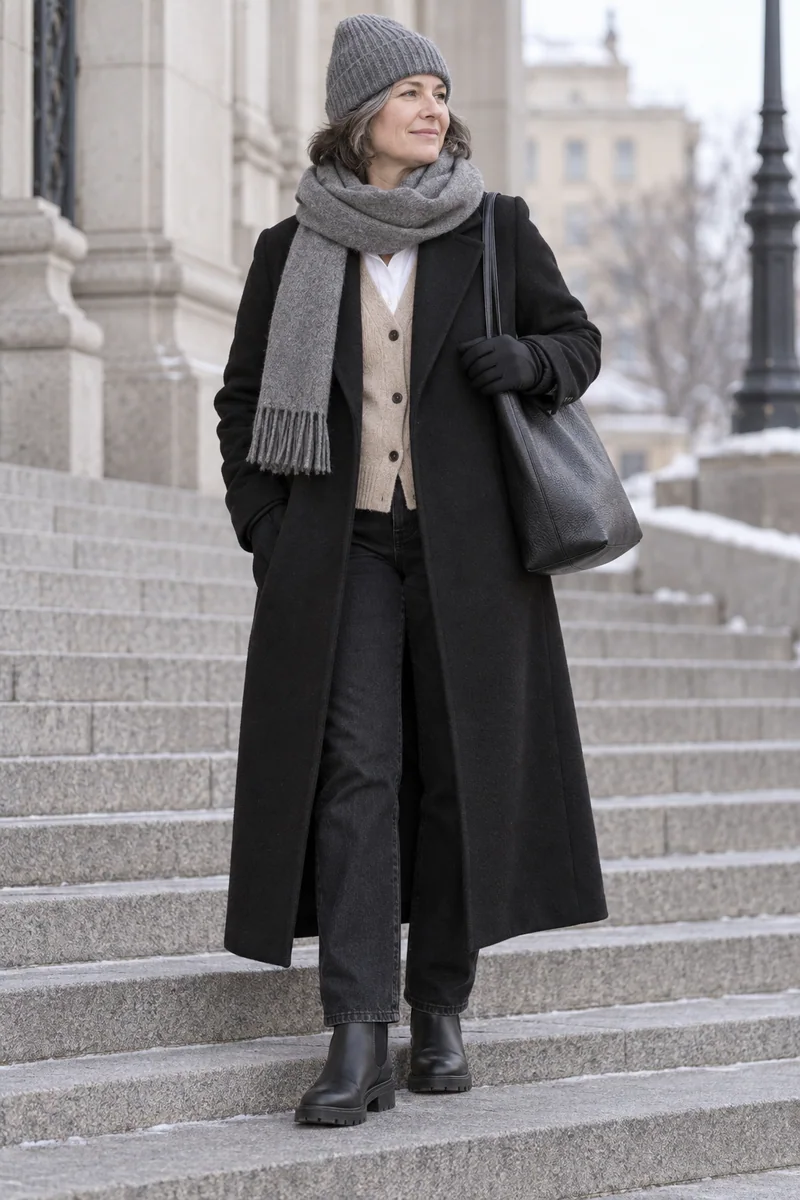 Schwarzer Mantel trifft weißen Hemdkragen: schwarzer Mantel, beiger Cardigan, weiße Bluse, schwarze Jeans, schwarze Chelsea-Boots, schwarzer Shopper, graue Mütze und Schal, schwarze Handschuhe. KI-Styling-Inspiration, keine Produktaufnahme.