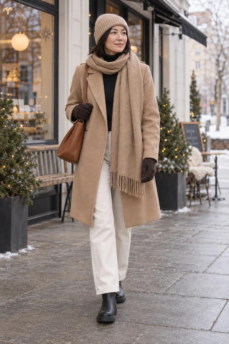 Camel zu Ecru und schwarzem Rollkragen: knielanger Camel-Mantel, schwarzer Rollkragen, ecrufarbene Jeans, schwarze Chelsea-Boots, Cognac-Tasche, hellbraune Mütze und Schal, dunkelbraune Handschuhe. KI-Styling-Inspiration, keine Produktaufnahme.