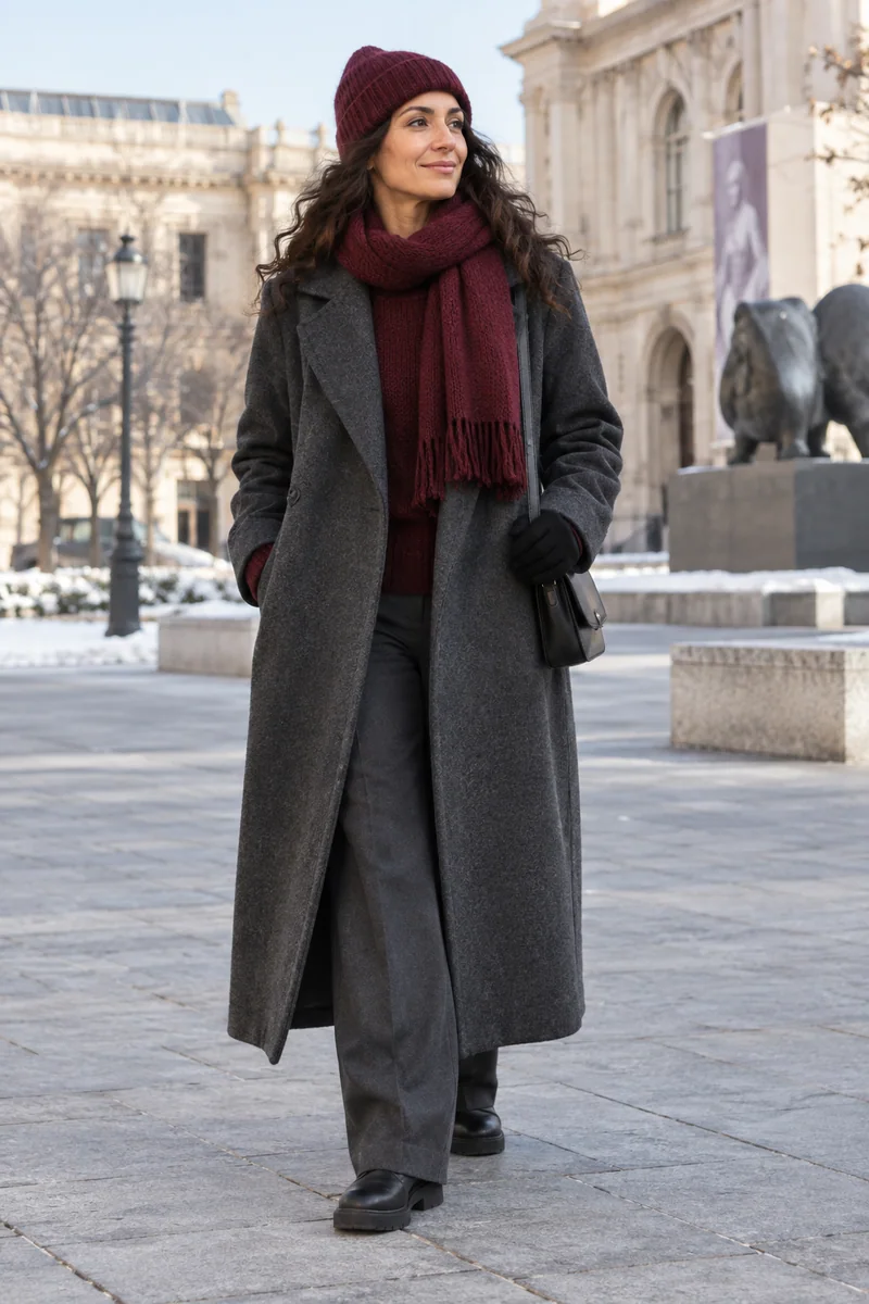 Anthrazit über Bordeaux und Stoffhose: langer dunkelgrauer Mantel, Bordeaux-Pullover, graue Stoffhose, schwarze Chelsea-Boots, schwarze Tasche, Bordeaux-Mütze und Schal, schwarze Handschuhe. KI-Styling-Inspiration, keine Produktaufnahme.