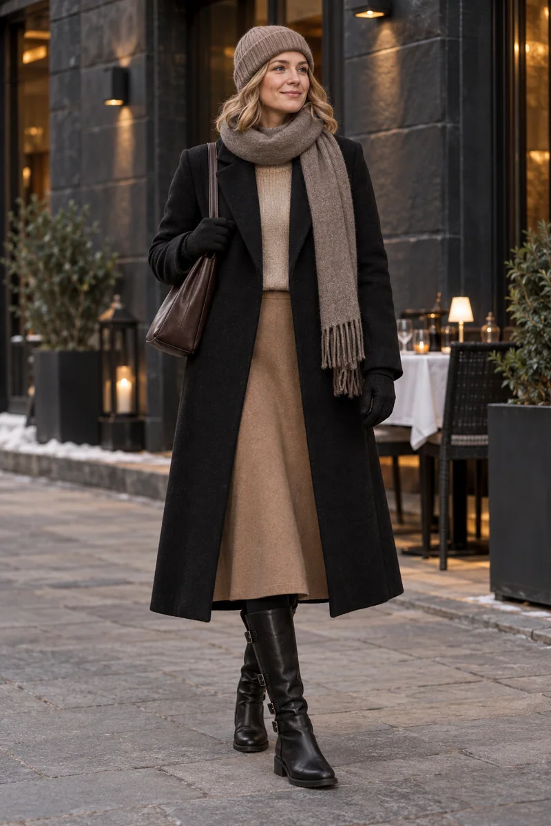Schwarzer Mantel, beiger Strick und Midirock: schwarzer Mantel, beiger Pullover, Camel-Midirock, schwarze hohe Stiefel mit Schnallen, dunkelbraune Tasche, taupefarbene Mütze und Schal, schwarze Handschuhe. KI-Styling-Inspiration, keine Produktaufnahme.